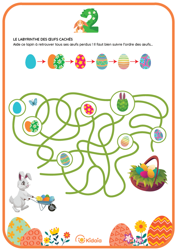 Cahier d'activités - La chasse aux œufs - Activité : Le labyrinthe des œufs cachés. "Aide ce lapin à retrouver tous ses œufs perdus ! Il faut bien suivre l’ordre des œufs..."