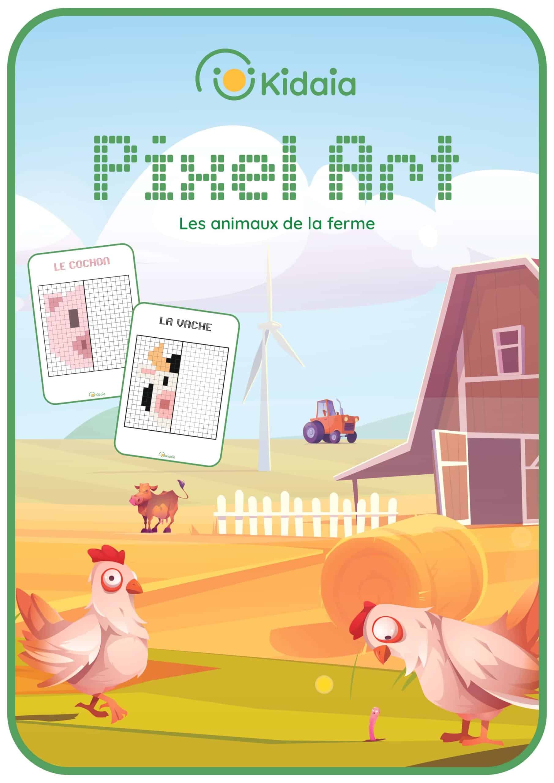 Couverture de notre livret de pixels arts sur les animaux de la ferme, comportant un cochon, un lapin, un cheval, une vache, un mouton, un poussin, un coq, un dindon, un chien et un âne.