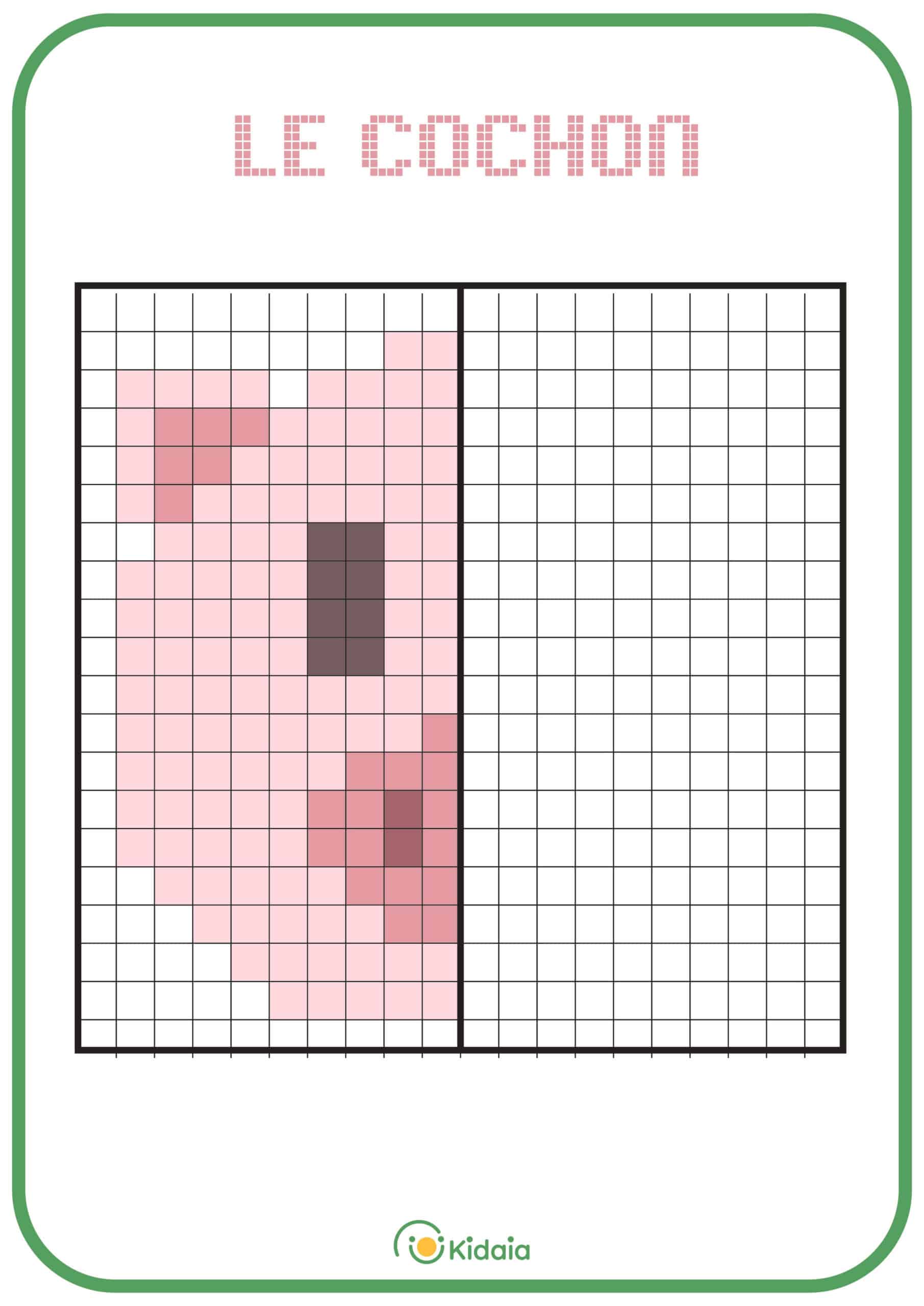Image de cochon en pixel art pour que les enfants apprennent la symétrie.