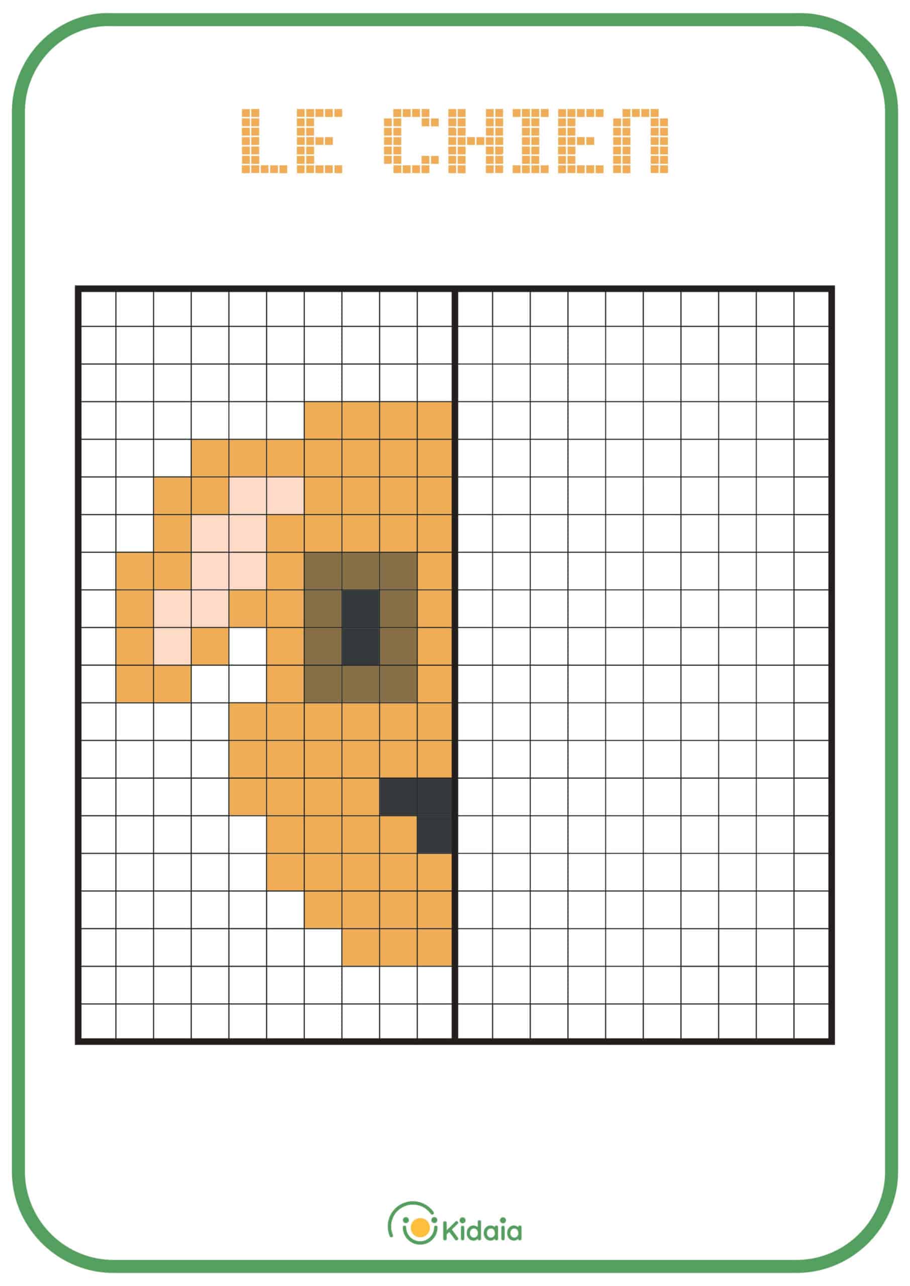 Image de chien en pixel art pour que les enfants apprennent la symétrie.