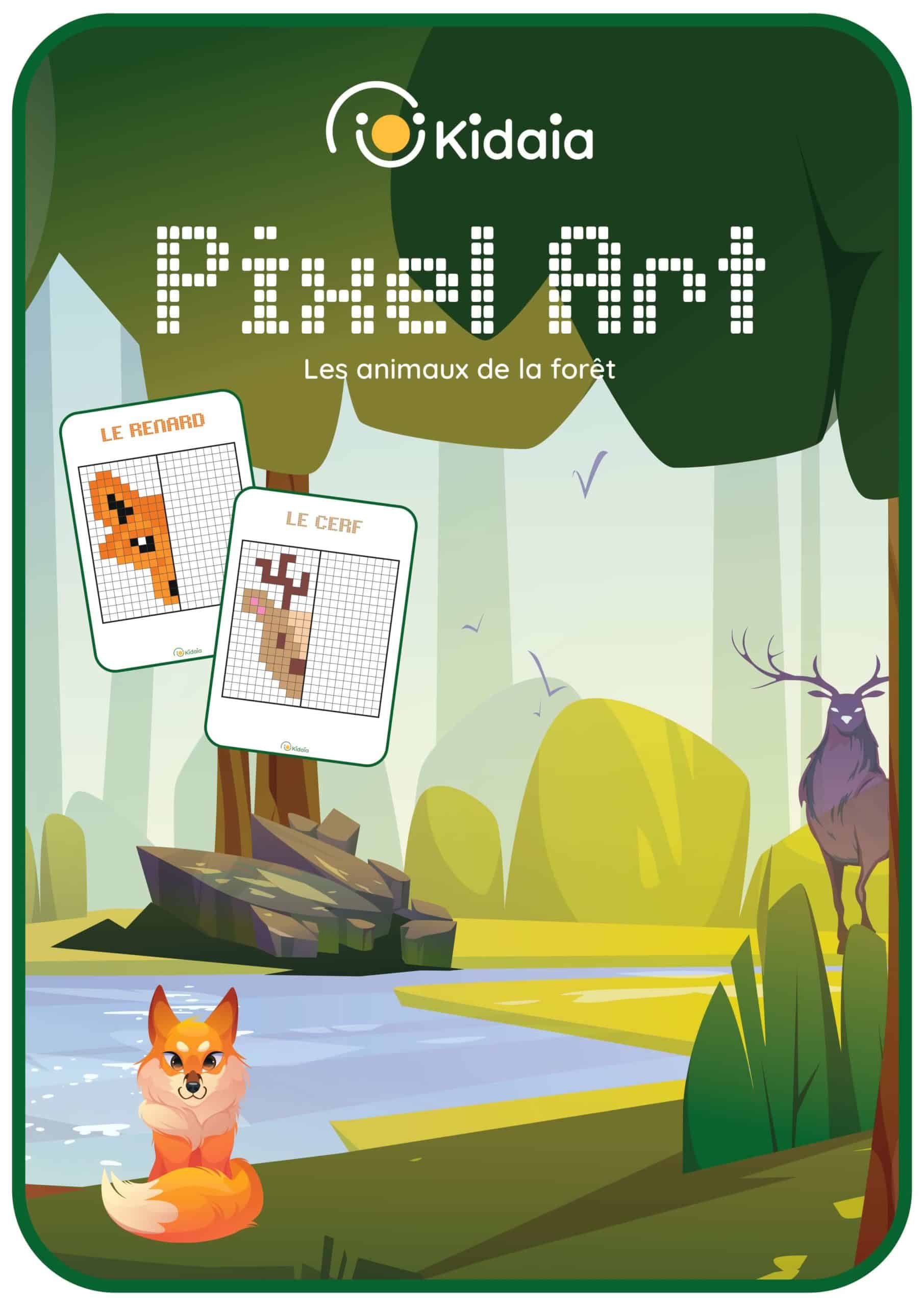 Couverture de notre livret de pixels arts sur les animaux de la forêt, comportant un renard, un hibou, un ours, un hérisson, un cerf, un lapin, un sanglier, une grenouille, un écureuil et un loup.