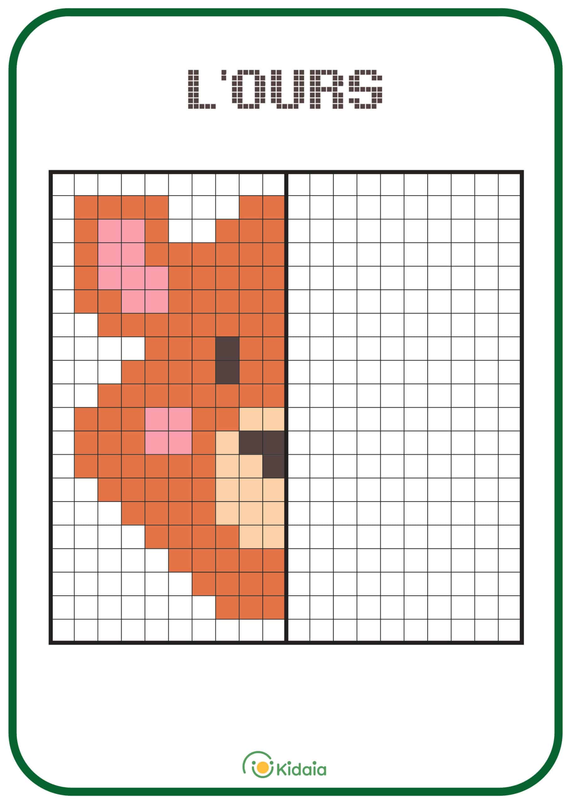 Image d'ours en pixel art pour que les enfants apprennent la symétrie.