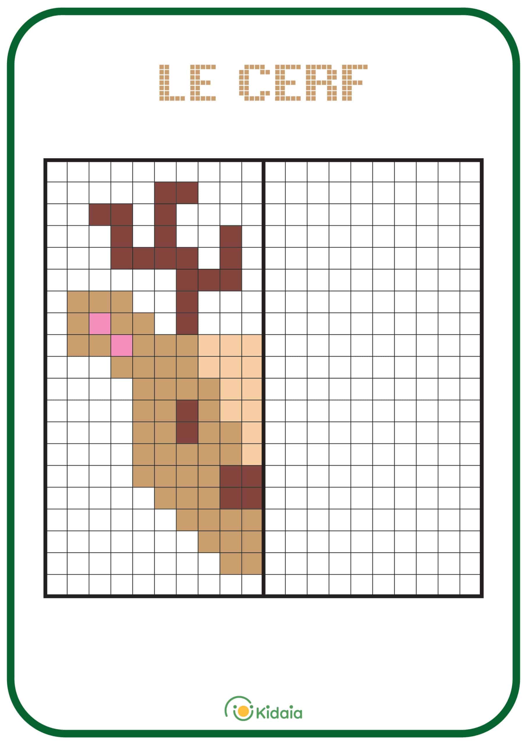 Image de cerf en pixel art pour que les enfants apprennent la symétrie.