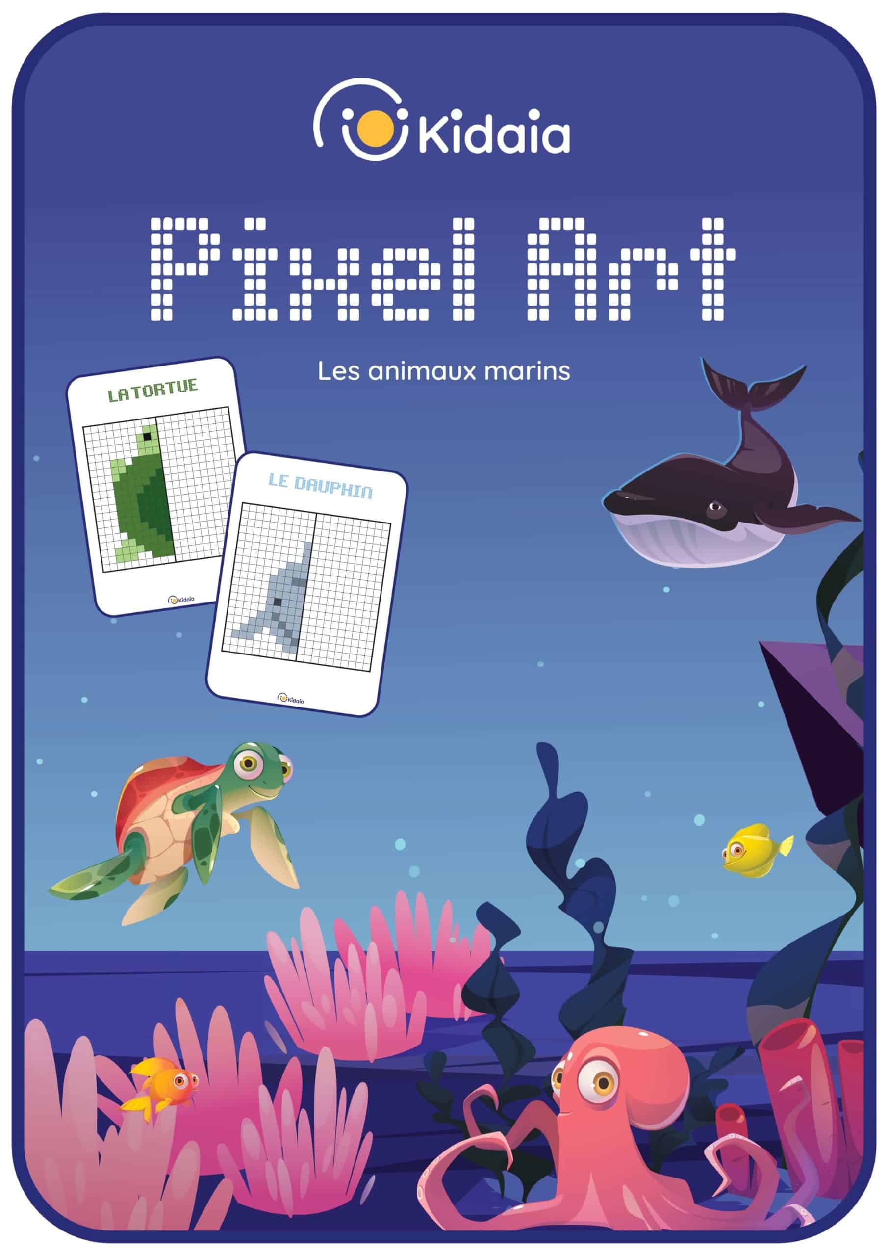 Couverture de notre livret de pixels arts sur les animaux marins, comportant une tortue, un crabe, une baleine, une méduse, une étoile de mer, un dauphin, un poulpe, un requin, un morse et un manchot.