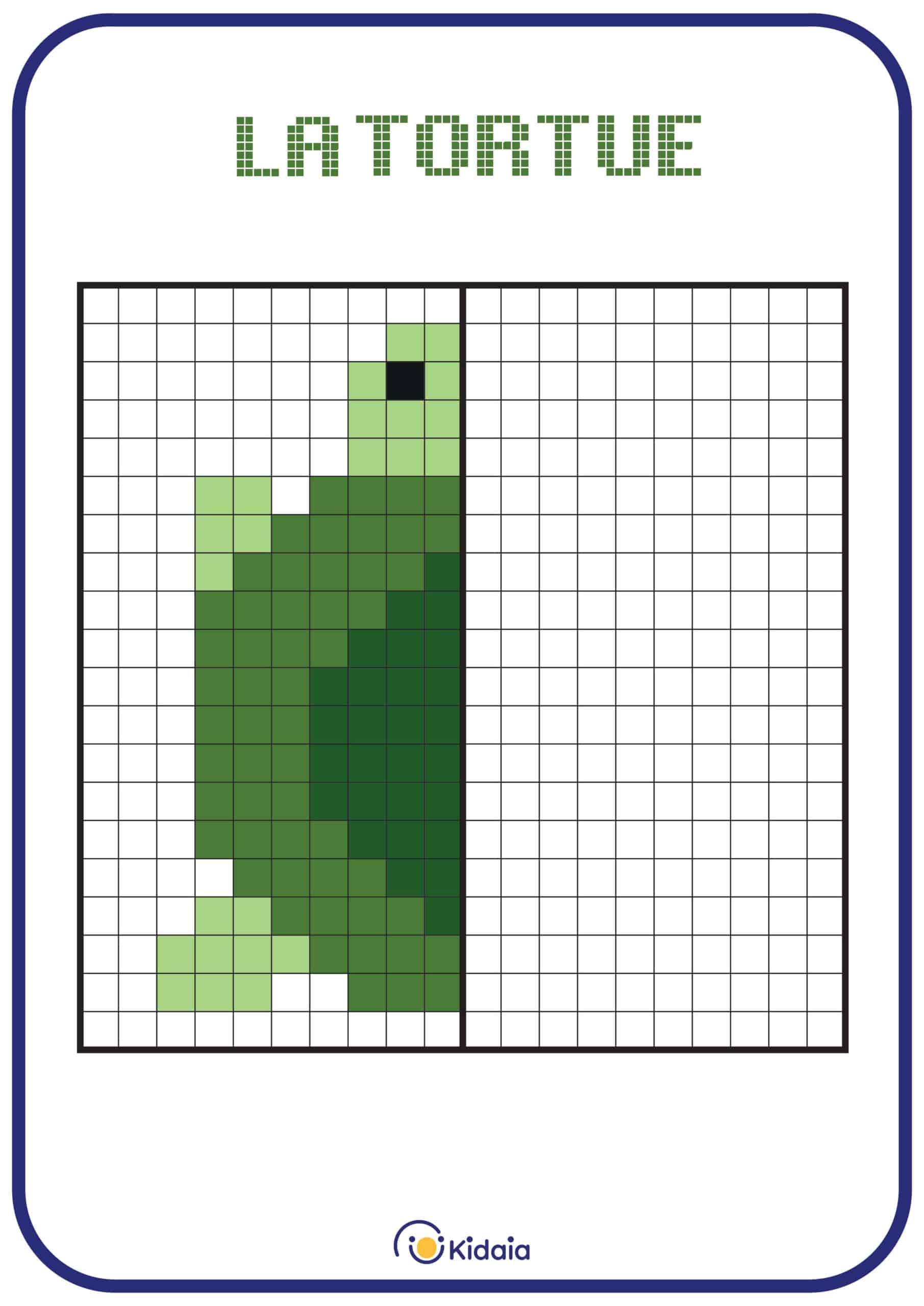 Image de tortue en pixel art pour que les enfants apprennent la symétrie.