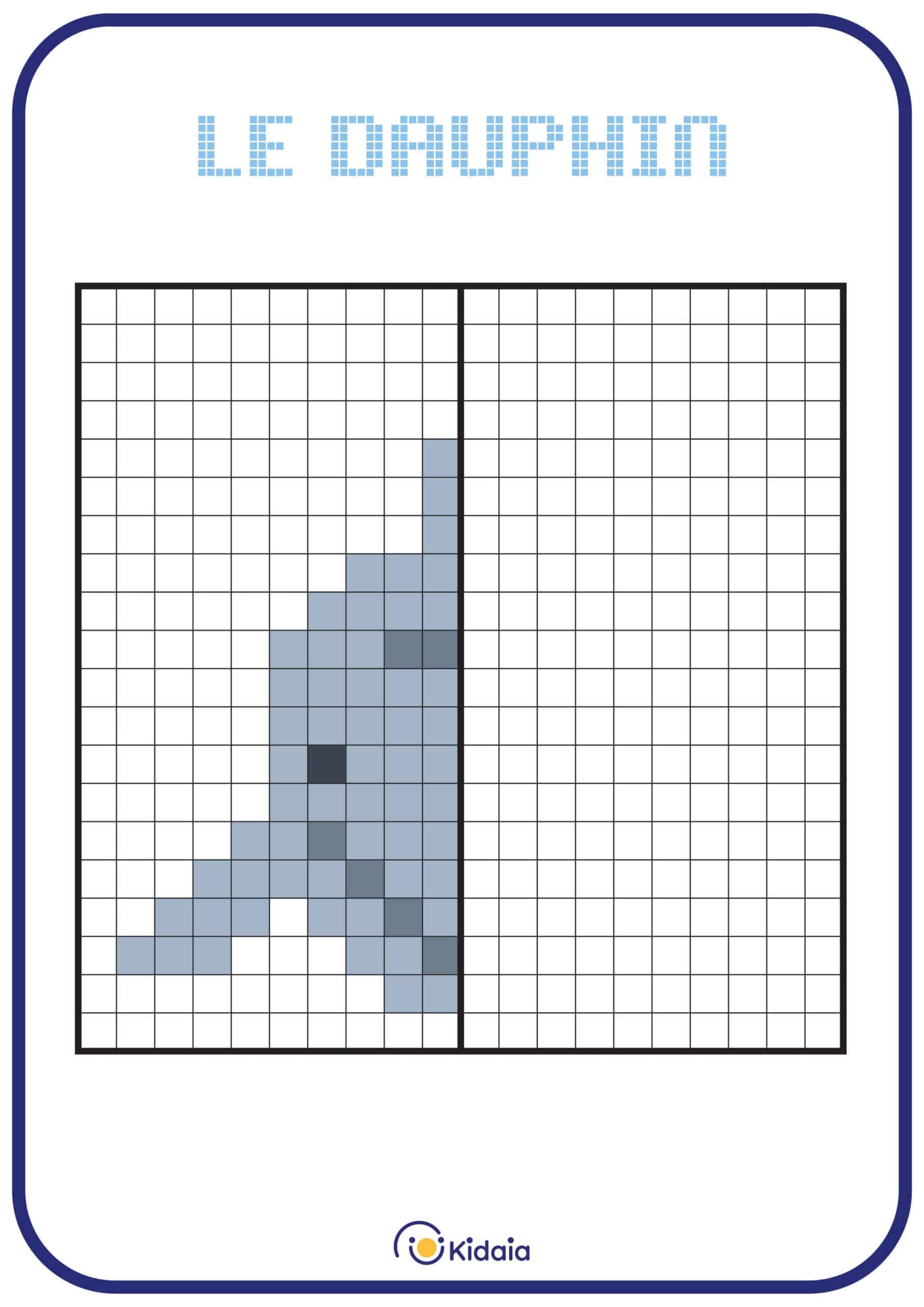 Image de dauphin en pixel art pour que les enfants apprennent la symétrie.