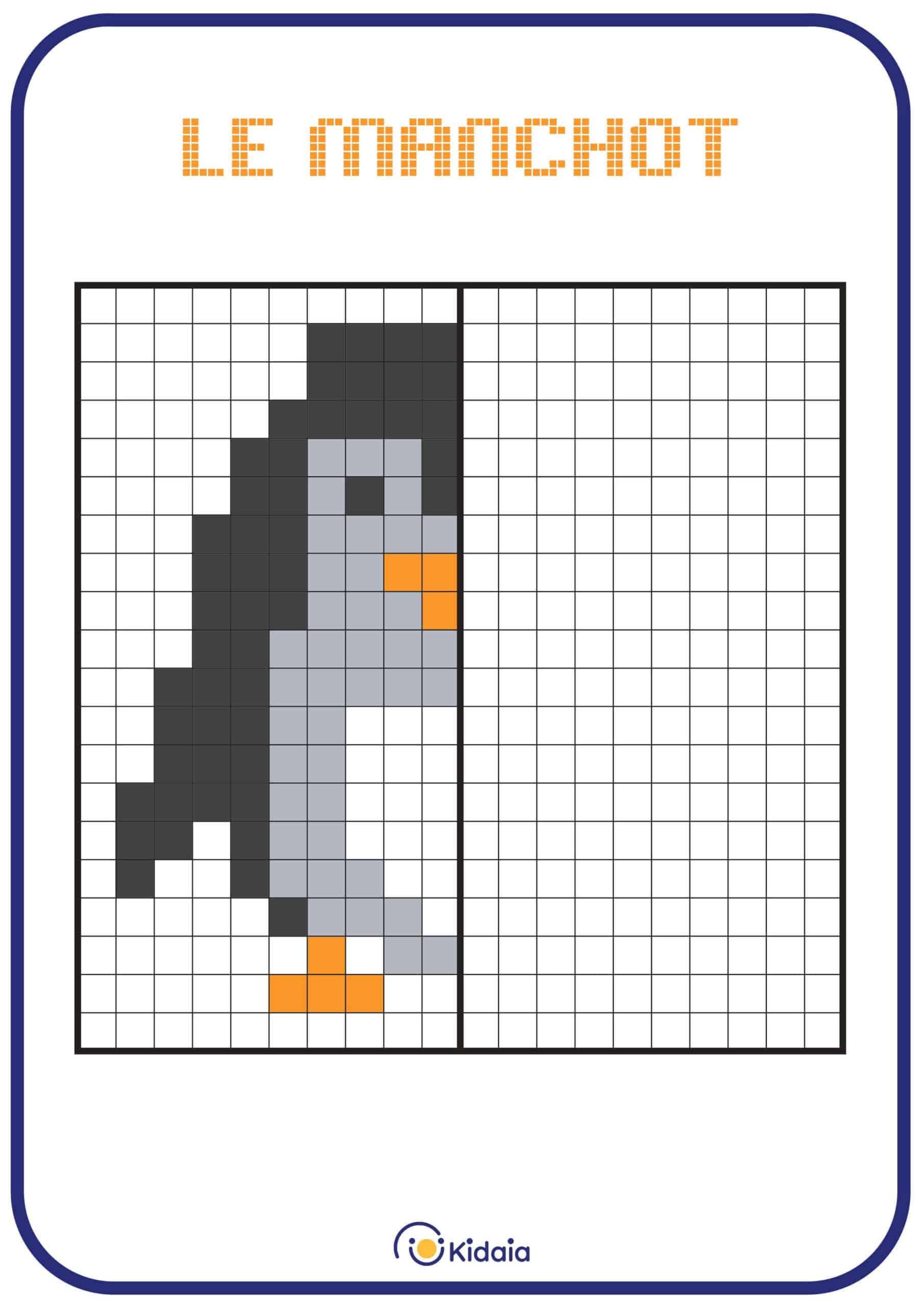 Image de manchot en pixel art pour que les enfants apprennent la symétrie.
